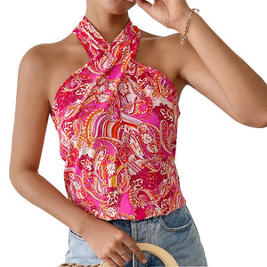 Sxy color halter shirt summer vacation sleeveless cross - neck top - Negative Apparel