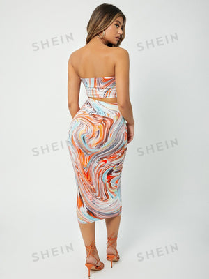 SXY Marble Print Crop Tube Top & Pencil Skirt - Negative Apparel