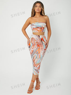 SXY Marble Print Crop Tube Top & Pencil Skirt - Negative Apparel