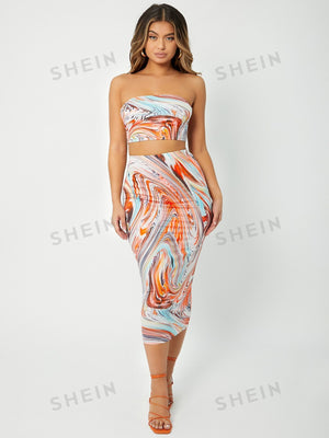 SXY Marble Print Crop Tube Top & Pencil Skirt - Negative Apparel