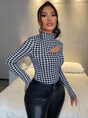 SXY Mock Neck Houndstooth Print Cut Out Slim Tee - Negative Apparel