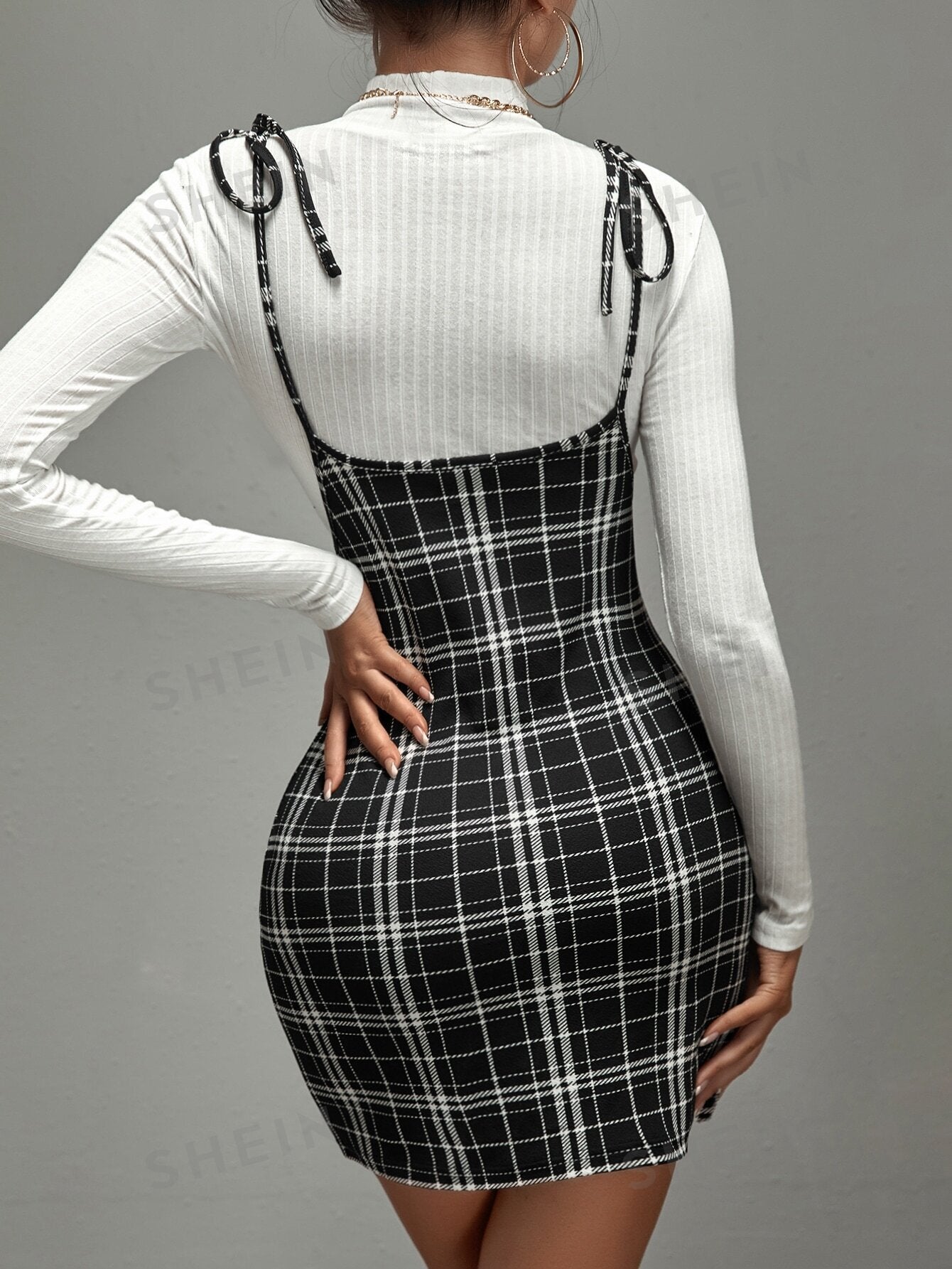 SXY Plaid Print Tie Shoulder Split Hem Suspender Dress - Negative Apparel