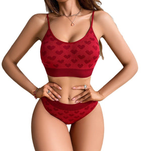 Sxy seamless bra set for women red natal gathered shoulder straps adjustable love design ladies bra panty set - Negative Apparel