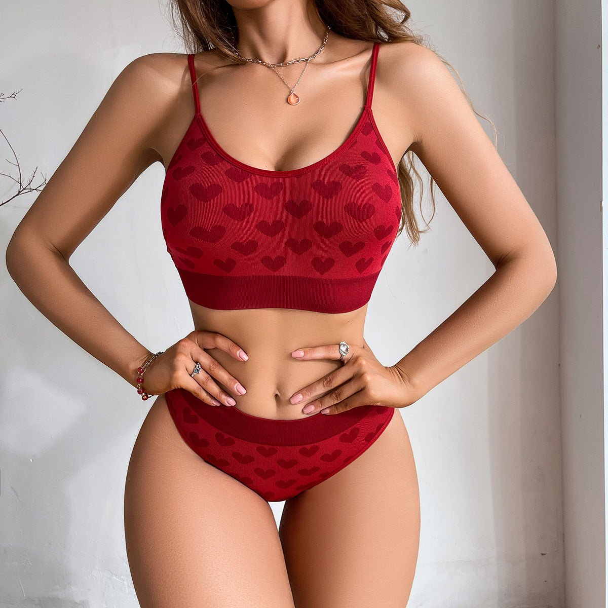 Sxy seamless bra set for women red natal gathered shoulder straps adjustable love design ladies bra panty set - Negative Apparel