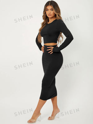 SXY Solid Slim Fit Crop Top & High Waist Pencil Skirt - Negative Apparel