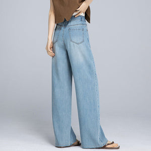 Tencel Hemp Summer Thin Cool Elegant Straight Pants Elastic Waist Skinny Wide Leg Denim Floor Mopping Pants - Negative Apparel