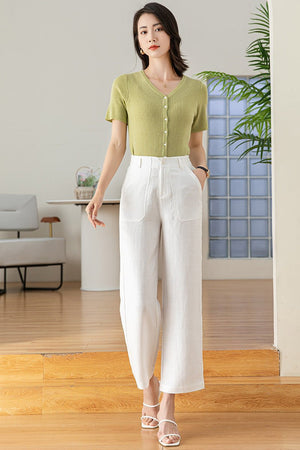 Tencel hemp white wide - leg pants women's straight nine - point casual pants women's elastic waist linen OL professional wide - leg pants new - Negative Apparel