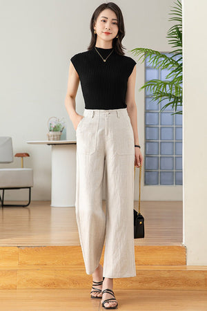 Tencel hemp white wide - leg pants women's straight nine - point casual pants women's elastic waist linen OL professional wide - leg pants new - Negative Apparel