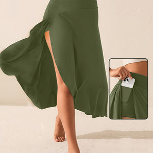 The Asymmetrical Grace | Women's Irregular Hem Lettuce Edge Midi Skirt - Negative Apparel