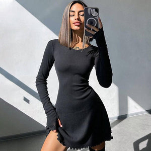 The Back Strap Elegance | Women's Back - Strap Waist Long - Sleeve Mini Dress - Negative Apparel