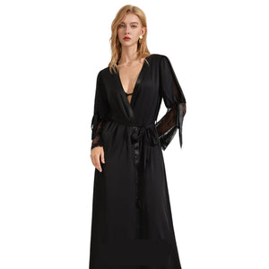 The Backless Seduction | Black Satin Long Backless Belted Robe - Negative Apparel