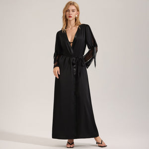 The Backless Seduction | Black Satin Long Backless Belted Robe - Negative Apparel