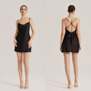 The Backless Temptation | Black Satin Strap Mini Sleep Dress - Negative Apparel