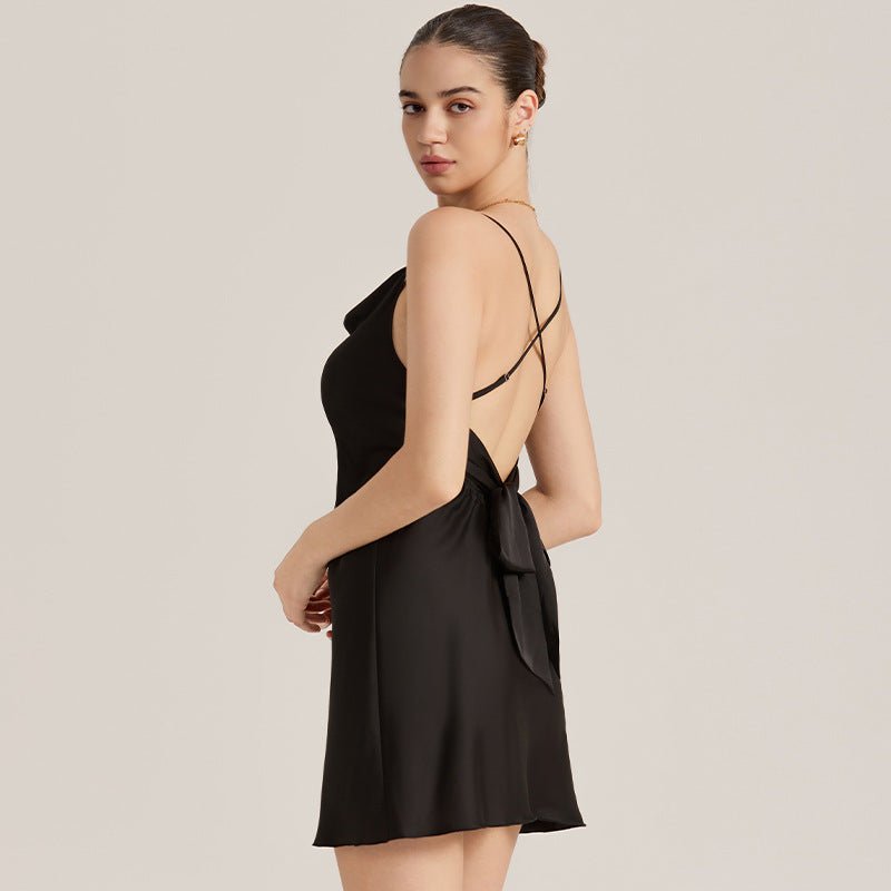 The Backless Temptation | Black Satin Strap Mini Sleep Dress - Negative Apparel
