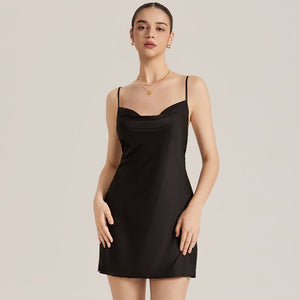 The Backless Temptation | Black Satin Strap Mini Sleep Dress - Negative Apparel