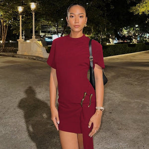 The Buckle Elegance | Women's Metal Buckle Round Neck Long - Sleeve Mini Dress - Negative Apparel