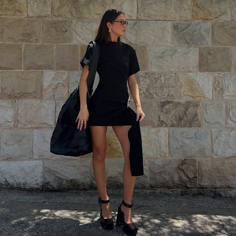 The Buckle Elegance | Women's Metal Buckle Round Neck Long - Sleeve Mini Dress - Negative Apparel