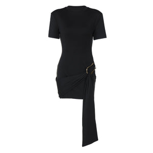 The Buckle Elegance | Women's Metal Buckle Round Neck Long - Sleeve Mini Dress - Negative Apparel