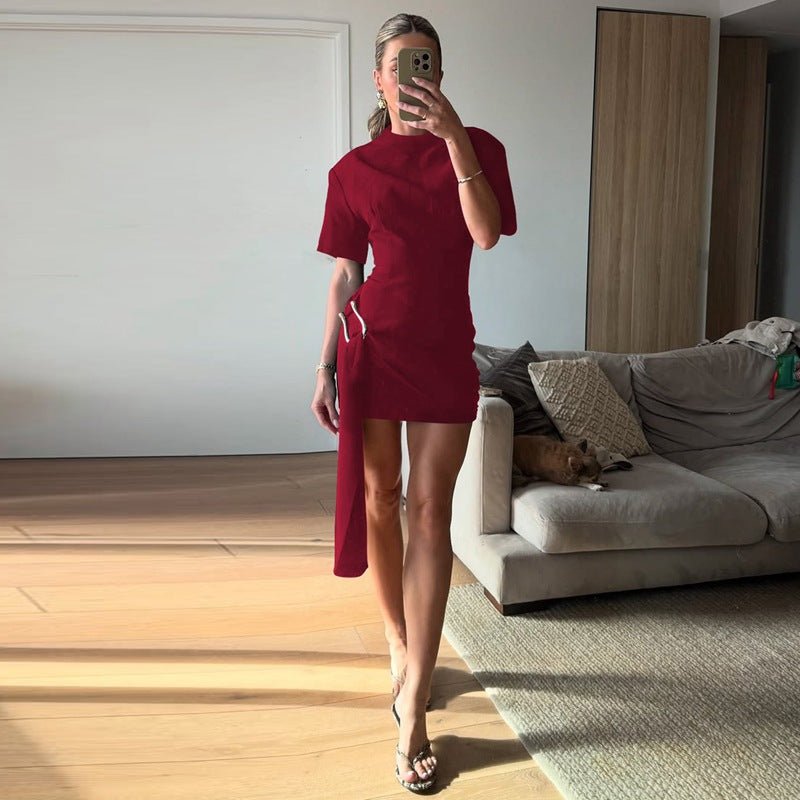 The Buckle Elegance | Women's Metal Buckle Round Neck Long - Sleeve Mini Dress - Negative Apparel