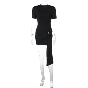 The Buckle Elegance | Women's Metal Buckle Round Neck Long - Sleeve Mini Dress - Negative Apparel