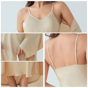 The Champagne Luxe | Women's Satin Suspender Chemise & Long Robe Two - Piece Set - Negative Apparel