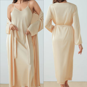 The Champagne Luxe | Women's Satin Suspender Chemise & Long Robe Two - Piece Set - Negative Apparel