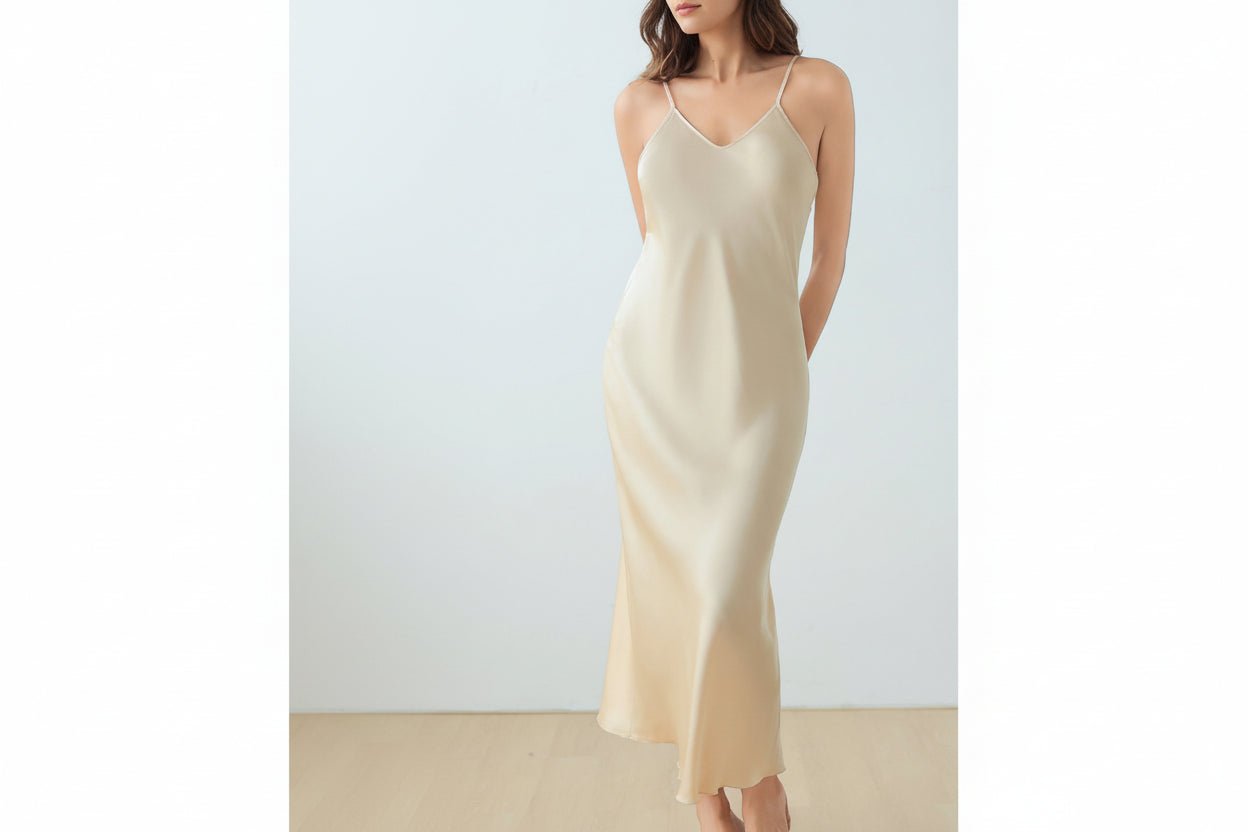 The Champagne Luxe | Women's Satin Suspender Chemise & Long Robe Two - Piece Set - Negative Apparel