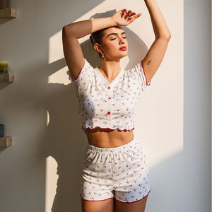 The Cherry Lace | Printed Lace Button Short - Sleeve Top & Shorts Pajama Set - Negative Apparel