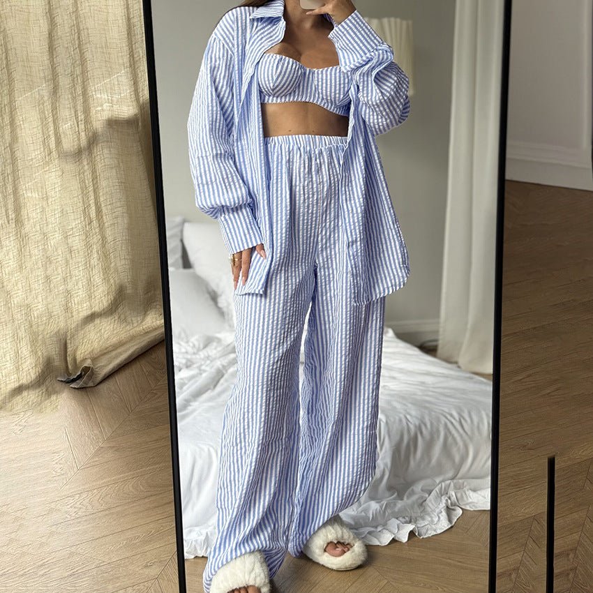 The Coastal Chic | Striped 3 - Piece Cotton - Blend Loungewear Set - Negative Apparel