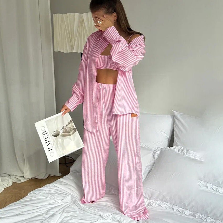 The Coastal Chic | Striped 3 - Piece Cotton - Blend Loungewear Set - Negative Apparel