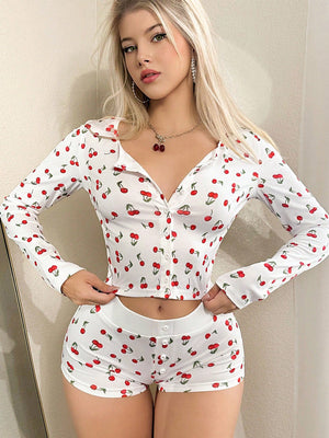 The Cozy Charm | Printed Long - Sleeve Cardigan & Shorts Pajama Set - Negative Apparel