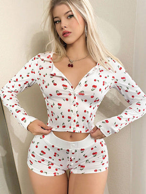 The Cozy Charm | Printed Long - Sleeve Cardigan & Shorts Pajama Set - Negative Apparel