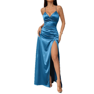 The Crimson Elegance | Women's Sleeveless V - Neck High - Slit Mermaid Maxi Dress - Negative Apparel