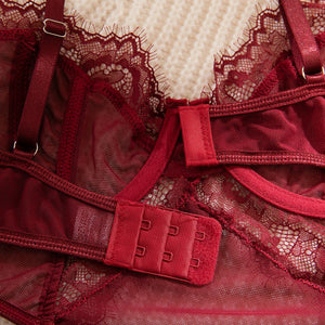 The Crimson Queen | Wine Red Lace Bodysuit & Gloves Set - Negative Apparel