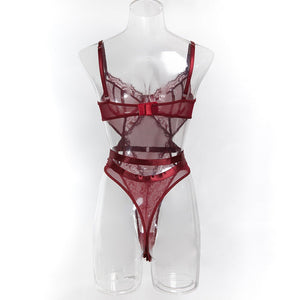 The Crimson Queen | Wine Red Lace Bodysuit & Gloves Set - Negative Apparel