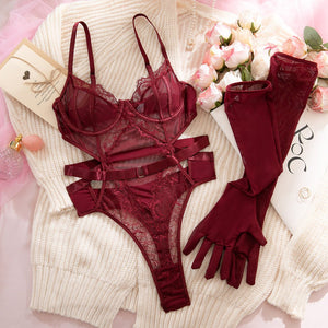 The Crimson Queen | Wine Red Lace Bodysuit & Gloves Set - Negative Apparel