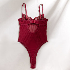 The Crimson Sculpt | Wine Red Lace & Mesh Bodysuit - Negative Apparel