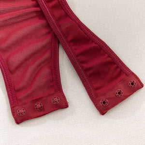 The Crimson Sculpt | Wine Red Lace & Mesh Bodysuit - Negative Apparel