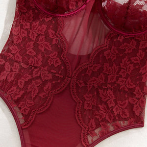 The Crimson Sculpt | Wine Red Lace & Mesh Bodysuit - Negative Apparel