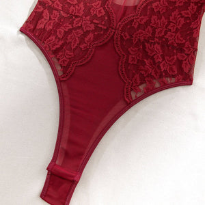 The Crimson Sculpt | Wine Red Lace & Mesh Bodysuit - Negative Apparel