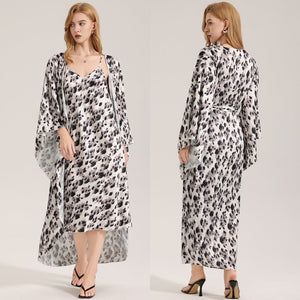 The Dot Elegance | Women's Printed Satin Suspender Chemise & Long Robe Two - Piece Set - Negative Apparel