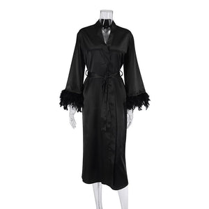The Feather Satin | Solid Color V - Neck Long Cardigan Robe - Negative Apparel