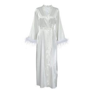 The Feather Whisper | Women's Long - Sleeve Faux Silk Feather Trim Robe - Negative Apparel