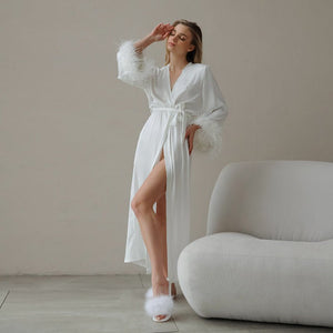 The Feather Whisper | Women's Long - Sleeve Faux Silk Feather Trim Robe - Negative Apparel