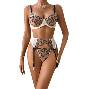 The Fleur Nude | 3 - Piece Floral Embroidery & Mesh Lingerie Set - Negative Apparel