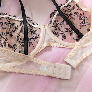 The Fleur Nude | 3 - Piece Floral Embroidery & Mesh Lingerie Set - Negative Apparel