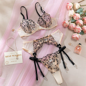 The Fleur Nude | 3 - Piece Floral Embroidery & Mesh Lingerie Set - Negative Apparel