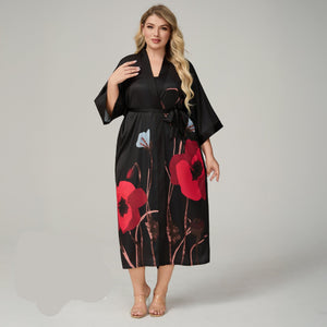The Floral Luxe | Printed Satin Seven - Eighth Sleeve Robe & Slip Dress Two - Piece Set - Negative Apparel