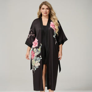 The Floral Luxe | Printed Satin Seven - Eighth Sleeve Robe & Slip Dress Two - Piece Set - Negative Apparel