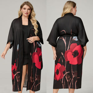The Floral Luxe | Printed Satin Seven - Eighth Sleeve Robe & Slip Dress Two - Piece Set - Negative Apparel